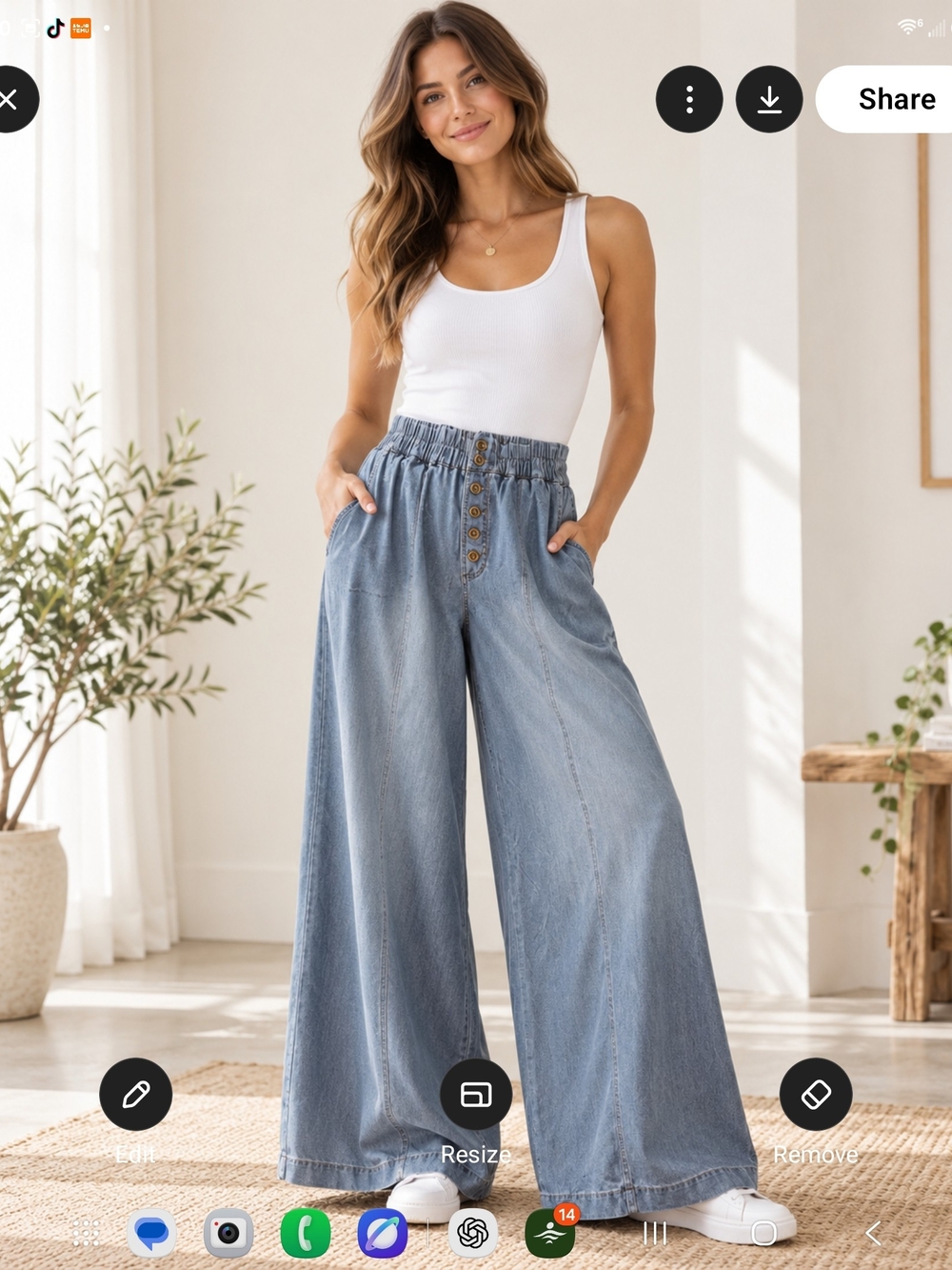 HALARA Light Blue Wide-Leg Button-Front Denim Pants